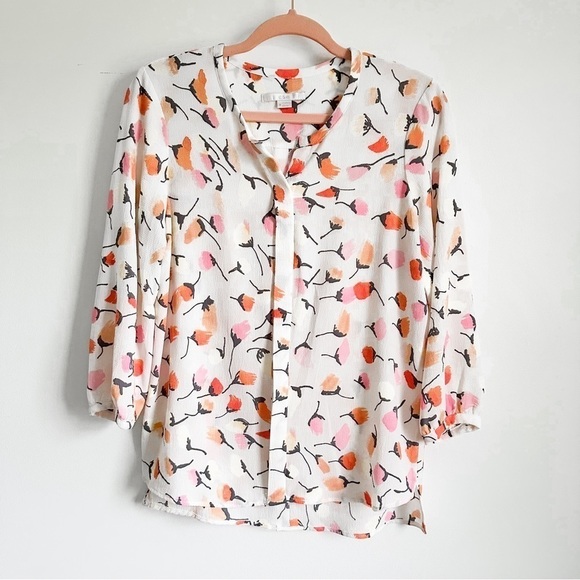 C&E White Floral Crepe Blouson Peasant Top sz small - Picture 1 of 6